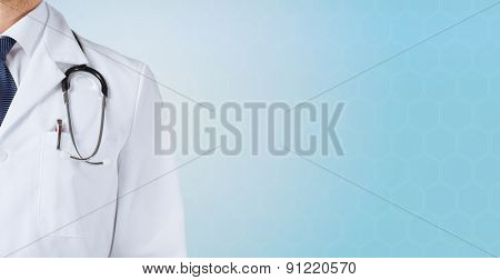 medicine, people and health care concept - close up of male doctor with stethoscope over blue background