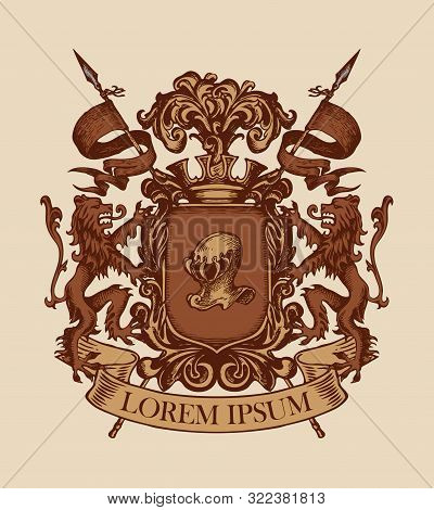 Vector Heraldic Coat Of Arms In Vintage Style With Shield, Knightly Armor, Spears, Crown, Lions, Rib