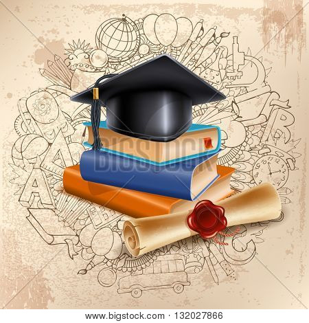 Black graduation cap on stack of books and diploma on doodle hand drawn background with different school objects. Back to school concept. Congratulation Graduation. Vector illustration.