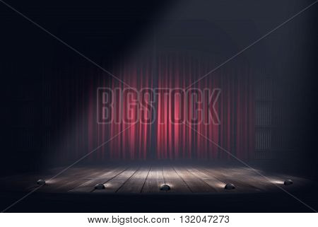 Close up of light beam at the empty theater stage with red courtain