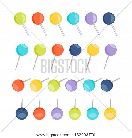 Set of push pins in different colors on white background. Vector illustration.