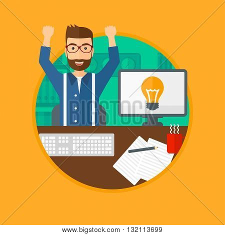 A man with arms up having a business idea. Man working on a computer with a business idea bulb on a screen. Business idea concept. Vector flat design illustration in the circle isolated on background.