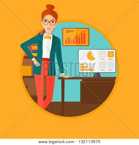 A business woman leaning on a table in the office during business presentation. Woman giving a business presentation. Business presentation in progress. Vector flat design illustration in the circle.