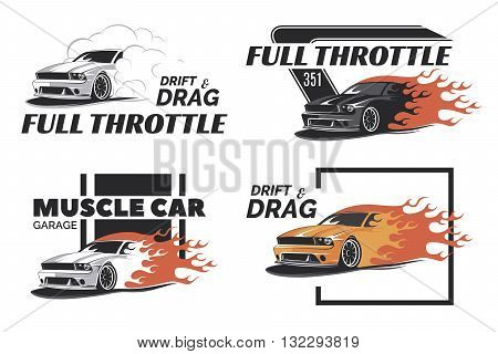 Set of muscle logo badges and emblems isolated on white background. Service car repair car restoration and car club design elements. T-shirt design. American muscle car for printing.