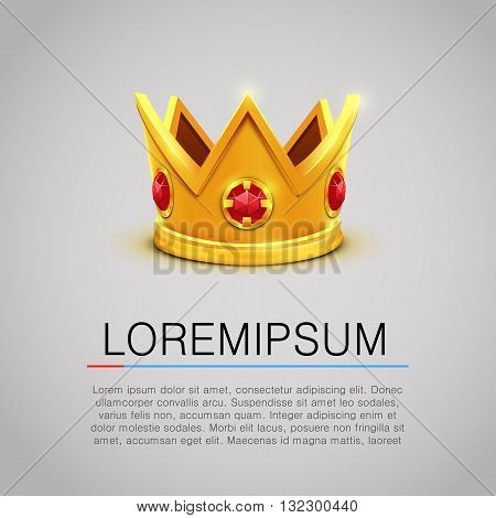 Golden king crown with red jewels background. King crown. Golden crown. Isolated crown image. Crown picture. King crown with jewelry. Crown vector. Vector illustration