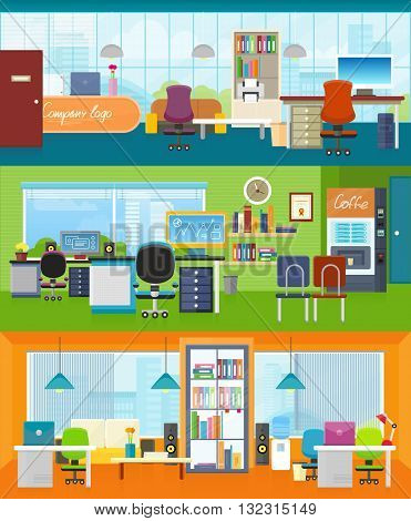 Set of modern office interior with designer desktop in flat design. Interior office room. Office space. Vector illustration. Working place in office interior workplace