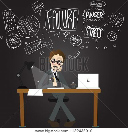 business man stress anger confuse working late night unhappy stressful exhausted cartoon vector illustration