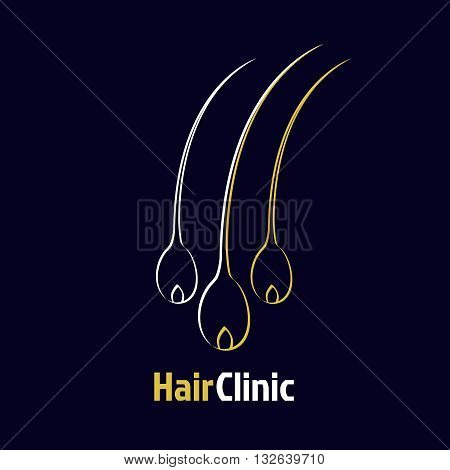 Hair follicle logo template on dark background. Simple hair loss clinic concept design with hair bulbs logo in gold and white colors. Medical diagnostic care sign. Vector illustration.