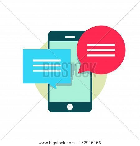 Mobile phone with red blue bubble speech, concept of web chatting, online texting, messaging, connection, communication dialog, sending information modern flat vector illustration design isolated sign