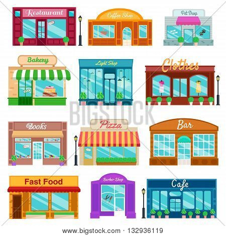 Shops and stores icons set in flat design style. shop, newspaper shop, coffee shop, ice cream shop, flower shop, vegetable and fruit store. Vector illustration