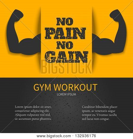 Gym workout design template with NO PAIN NO GAIN quote on yellow background and bicep muscle symbol. Bodybuilder arms sign. Weightlifting fitness symbol. Perfect for bodybuilding and fitness clubs.