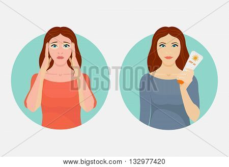 Upset woman with a sunburn versus a happy woman with a sunblock cream. Summer UV skin protection concept. Vector illustration.