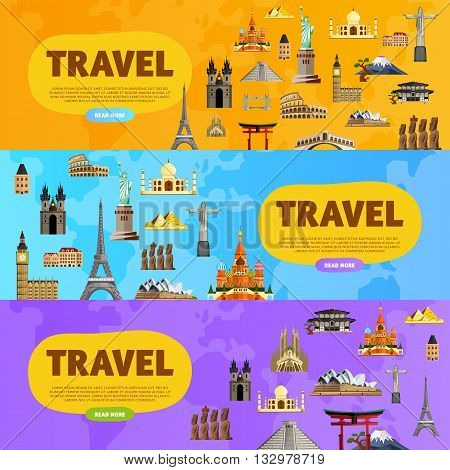 World travel and tourism concept flat vector. Famous world buildings. World travel landmark and famous travel place. Vacation travel architecture in cartoon style. World travel background. Travel banners. Travel background for traveling agency. Travel.