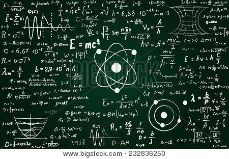 Blackboard Inscribed With Scientific Formulas And Calculations In Physics And Mathematics. Can Illus