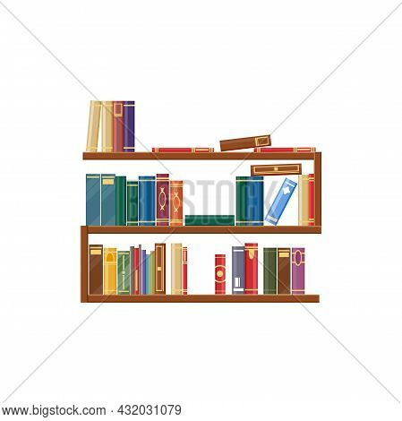 Bookcase, Bookshelf With Books, Library Shelves Isolated Icon. Vector Piles Of Standing Dictionaries