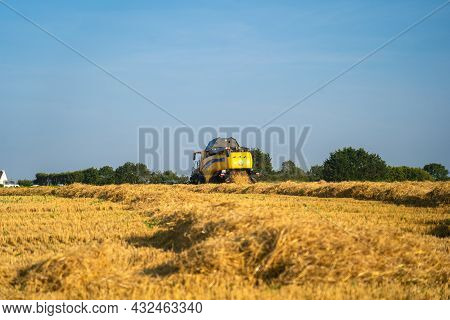 Yellow Combine Harvester New Holland Harvests Ripe Wheat Field. Agriculture In France. Harvesting Is