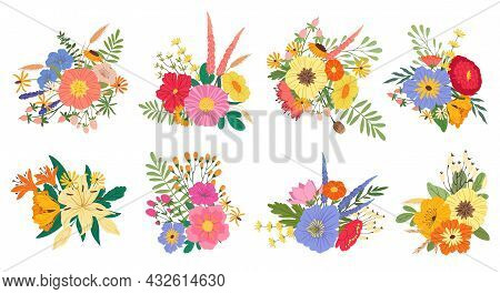 Spring Blooming Flower Bouquets, Floral Wedding Bouquet. Flowering Lilies, Peonies And Wildflowers, 