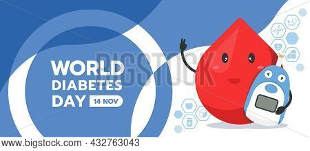 World Diabetes Day Banner Drop Blood Charector Hold Blood Glucose Meter And Icon Of Medical Devices 