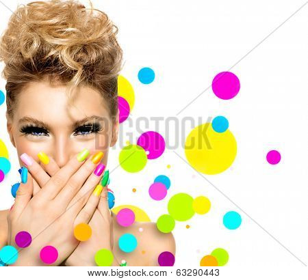 Beauty Girl Portrait with Colorful Makeup, Nail polish and Accessories. Colourful Studio Shot of Funny Woman. Vivid Colors. Colourful Manicure and fashion Hairstyle. Rainbow Colors. Beautiful lady 