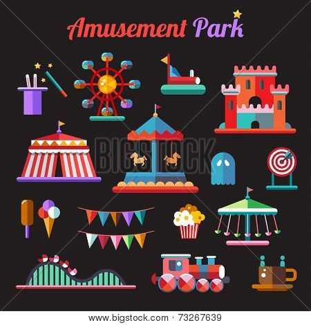 Set of flat design amusement park icons