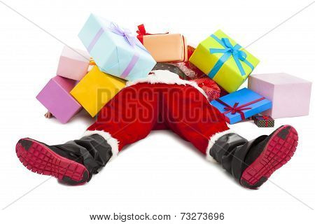 Santa Claus Too Tired To Lie On Floor With Many Gift Boxes