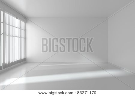 White Empty Room With Flat Walls, White Floor And Window, 3D Illustration