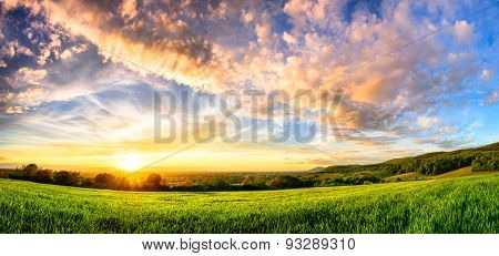 Panorama Of A Colourful Sunset On A Green Meadow