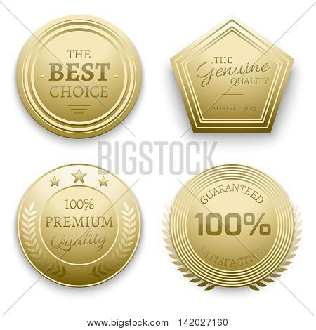 Polished gold metal badges vector illustration. Set of badge gold, metal round badge guarantee