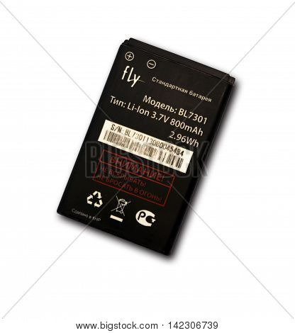 Kazakhstan, Ust - Kamenogorsk, june 8, 2016:  The battery of the phone Fly TS91. Accumulator. Phone accumulator. phone battery. Mobile battery. Mobile phone battery. Li ion battery. Mobile phone. Battery isolated. Smartphone battery. Isolated on white