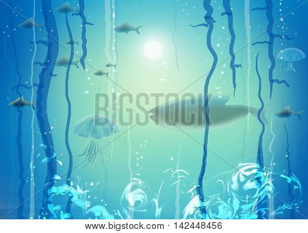 Under the sea. Sea life, sea diving, sea fish. Under water scene abstract illustration. Sea landscape. Ocean. Under ocean abstract underwater background. Sea tropical. Sea Art. Under sea watercolor.