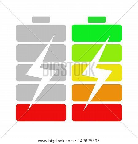 High and low batteries. Batteries with bolt or lightening. Concept of charging, battery accumulator. Device indicator of battery source.