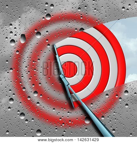 Concept of target as a blurry wet bulls eye dart target board being cleaned by a wiper as a business metaphor for clear focus or focused aim icon as a 3D illustration.