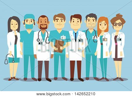 Hospital medical staff team doctors nurses surgeon vector flat Illustration of character doctor with stethoscope, reliable team of doctors