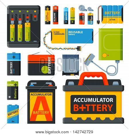 Battery electricity charge technology and alkaline battery. Flat battery accumulator charger symbol generation voltage. Group of different size color batteries electricity charge technology vector.