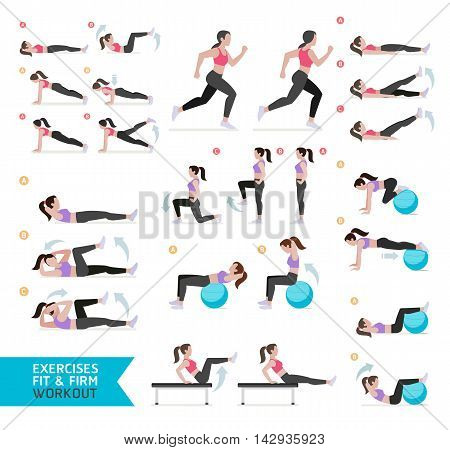 Woman workout fitness aerobic and exercises. Vector Illustration.