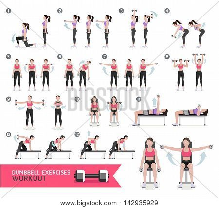 Woman dumbbell workout fitness and exercises. Vector Illustration.