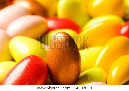 Chocolate eggs of various colours - shallow DOF