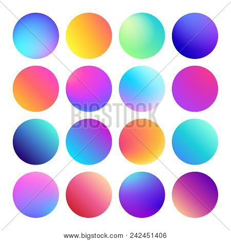 Rounded Holographic Gradient Sphere Button. Multicolor Green Purple Yellow Orange Pink Cyan Fluid Ci