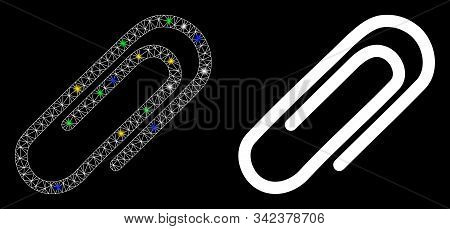 Glossy Mesh Attach Paperclip Icon With Glow Effect. Abstract Illuminated Model Of Attach Paperclip. 