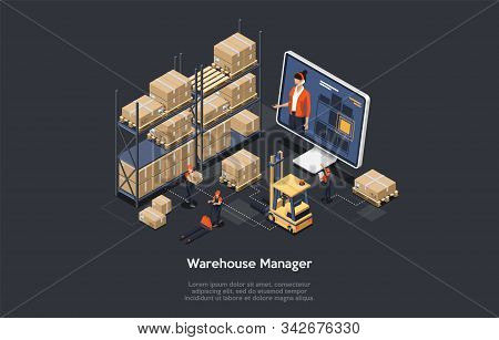 Isometric Warehouse Online Manager Concept. The Process Of Online Warehouse Management Compositions 