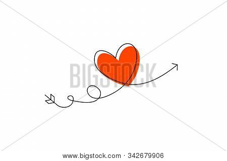 Cupid S Arrow In The Continuous Drawing Of Lines In The Form Of A Heart And The Text Love In A Flat 