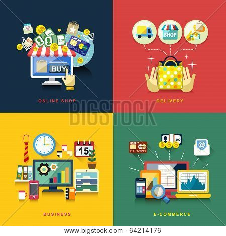 Flat Design For E-commerce, Delivery, Online Shopping, Business