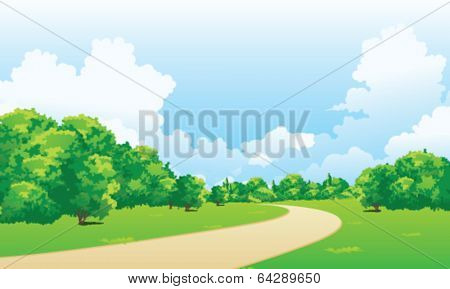 Curved path over green landscape