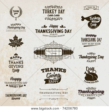 Set of Thanksgiving Day Labels. Holiday Designs. Vintage Paper Background.