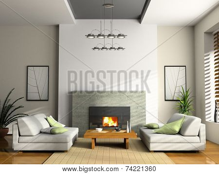 Home interior with fireplace and sofas 3D rendering