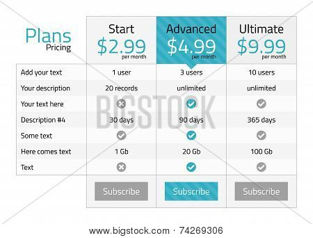 Modern Pricing Table With Turquoise Recommended Option