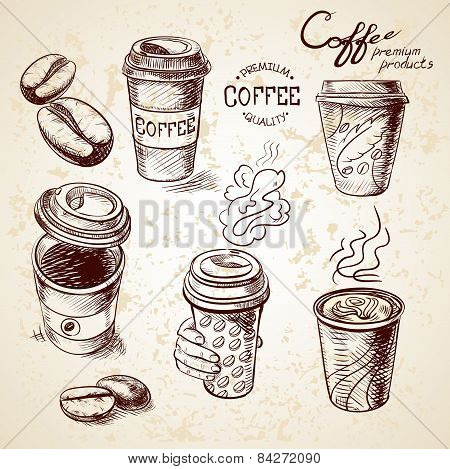 hand drawn doodle sketch vintage paper cup of coffee takeaway Menu for restaurant, cafe, bar, coffee