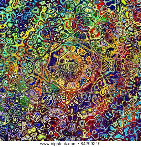 Colorful psychedelic mandala pattern. Unique creative abstract background. Red green blue colors.