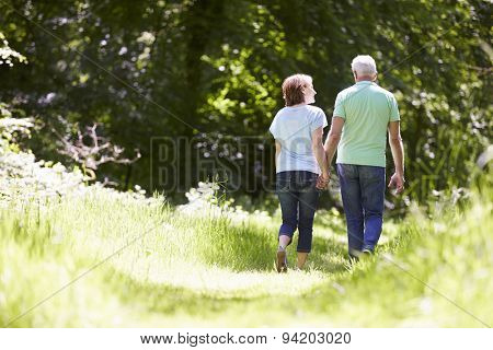 Rear View Of Senior Couple Walking In Summer Countryside