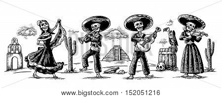 Day of the Dead Dia de los Muertos. The skeleton in the Mexican national costumes dance sing and play the guitar violin trumpet. Griffin on barrel with skull cactus.Vector vintage engraving